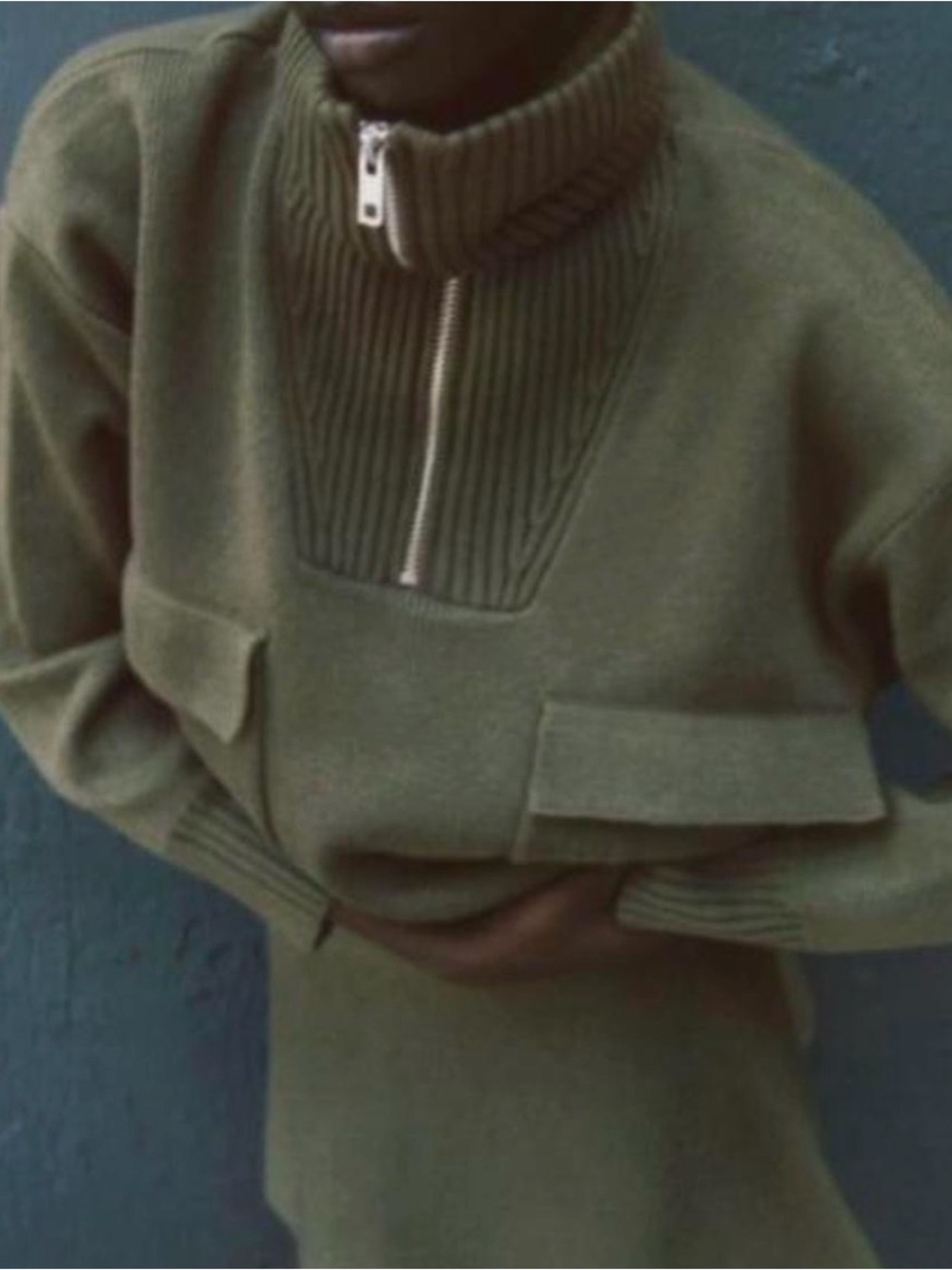 Zara Olive Green Half-Zip Ribbed Turtleneck Sweater